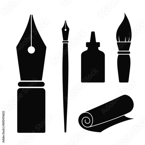 Elegant black silhouettes of calligraphy tools and writing supplies for design projects silhouette vector illustration white background