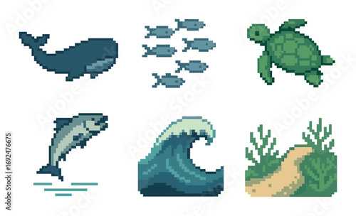Marine life pixel art icon set. featuring whale, fish, turtle, dolphin, wave, seaweed.