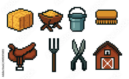 Farming tools pixel icon set. featuring cheese, butter, bucket, brush, saddle, pitchfork, pliers, barn.