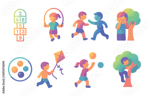 Kids activity neon gradient icon set. featuring hopscotch, skipping rope, running, hiding, and playing ball.