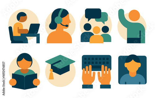 Education and communication flat icon set. featuring laptop, support, discussion, teaching, reading, graduation, typing, profile.