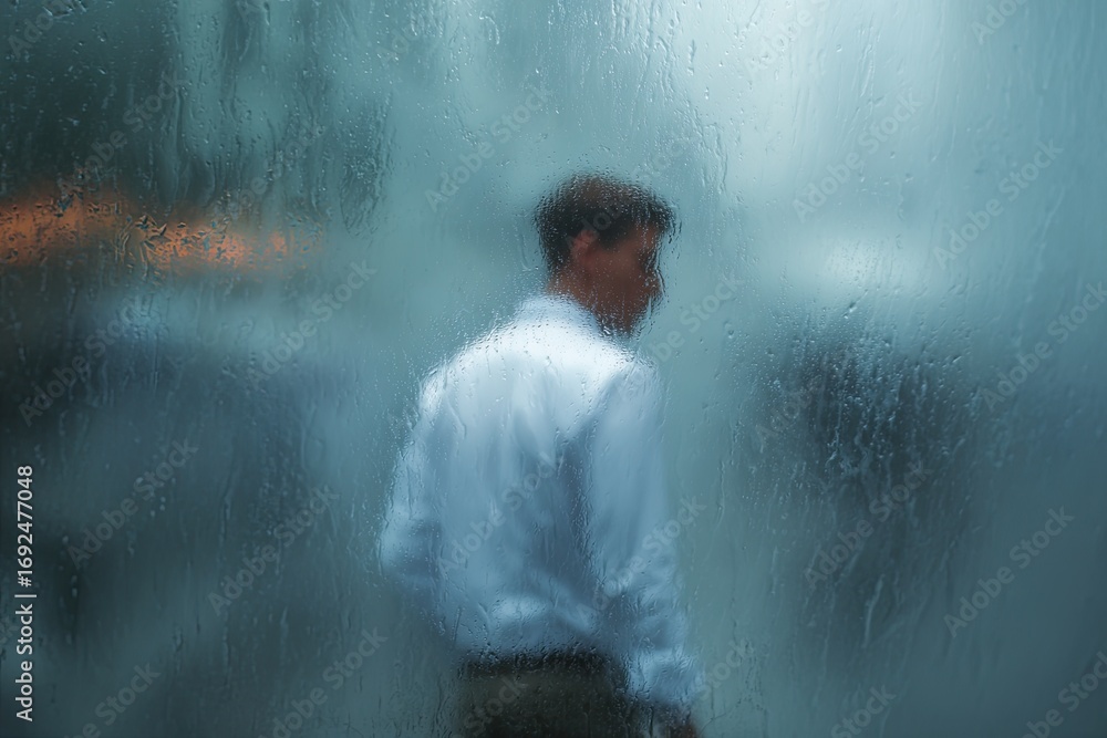 Obraz premium Blurred man seen through a rain-streaked window