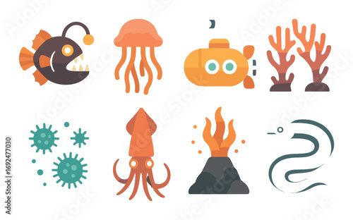 Underwater creatures silhouette icon set. featuring anglerfish, jellyfish, submarine, coral, virus, squid, volcano, eel..