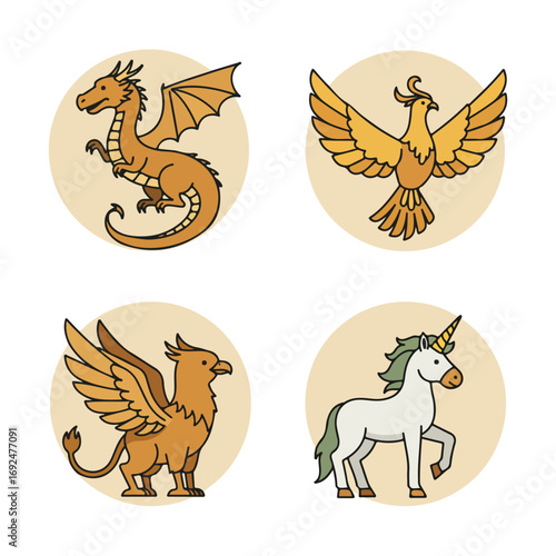 Mythical Beasts Dragon, Phoenix, Griffin, and Unicorn against beige circles