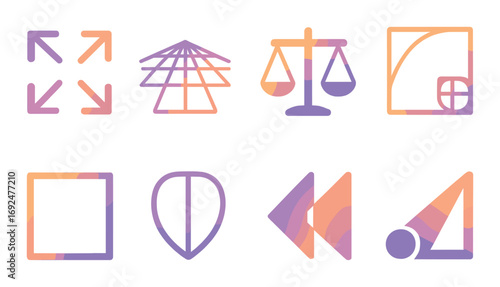 Geometric concepts linear icon set. featuring resize, grid, balance, arc, square, location, rewind, draft.