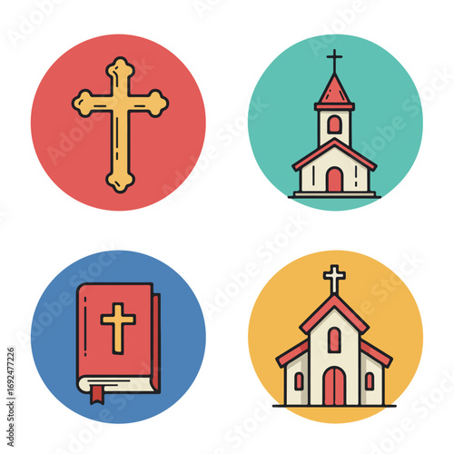 Religious icons Cross, church, and bible arranged in colorful circles