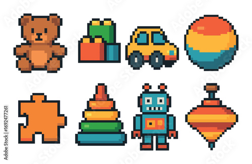Kids toys pixel art icon set. featuring teddy bear, blocks, car, ball, puzzle piece, stacker, robot, spinning top.