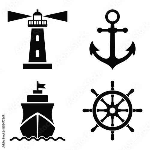 Nautical icons set lighthouse anchor ship wheel maritime symbols collection silhouette vector illustration white background