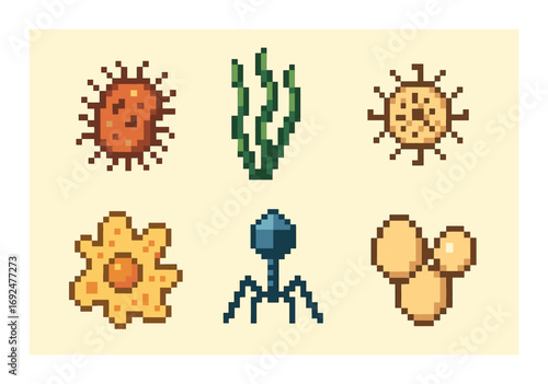 Microbe flat icon set. featuring bacteria, algae, virus, and cell symbols.