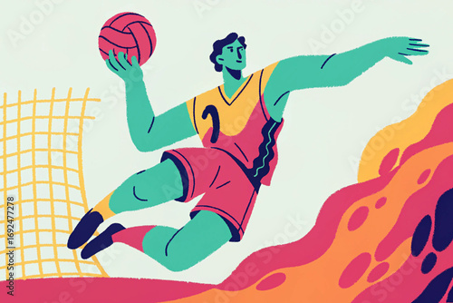 basketball player jumping and throwing ball into hoop, dynamic sports action pose