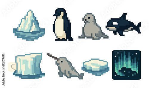 Arctic wildlife pixel icon set. featuring iceberg, penguin, seal, orca, ice floe, narwhal, aurora borealis.