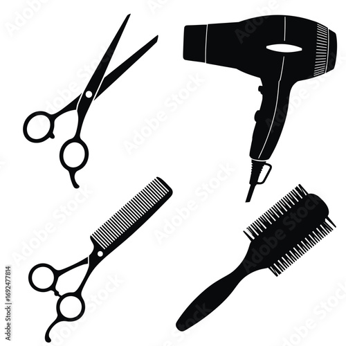 Minimalist black silhouettes of hairdressing tools scissors comb hair dryer brush for stylists silhouette vector illustration white background