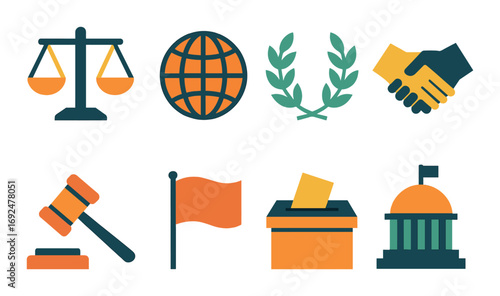 Politics and governance flat icons set. featuring scales, globe, laurel, handshake, gavel, flag, ballot box, and government building..