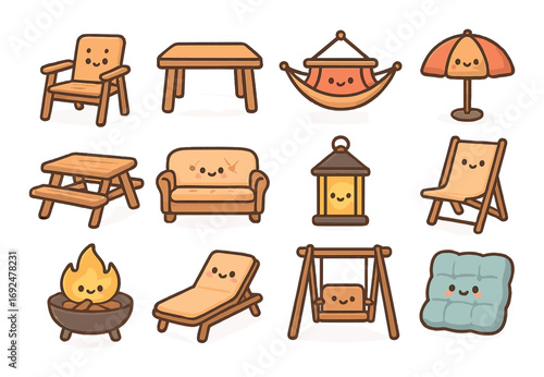 Outdoor furniture flat icon set. featuring table, chair, hammock, umbrella, sofa, lantern, swing, fire pit, cushion.