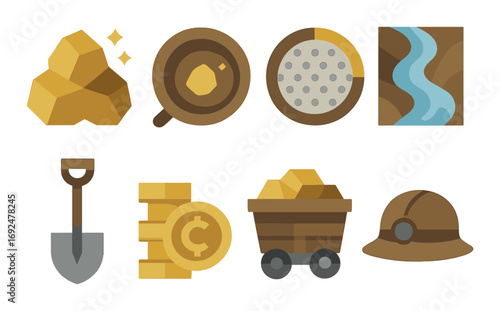 Gold mining flat icon set. featuring gold, pan, sieve, river, shovel, cart, hat, and coin symbols.