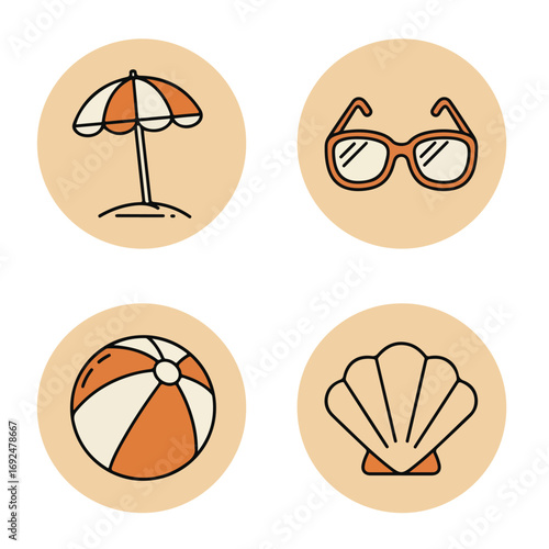 Seaside icons umbrella, sunglasses, ball, and shell on beige backgrounds