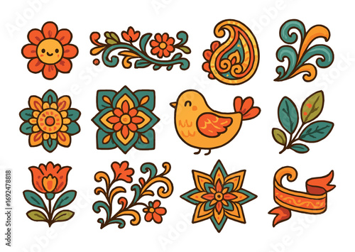Floral and bird flat icons set. featuring flower, bird, leaf, swirl, paisley, and ribbon motifs.