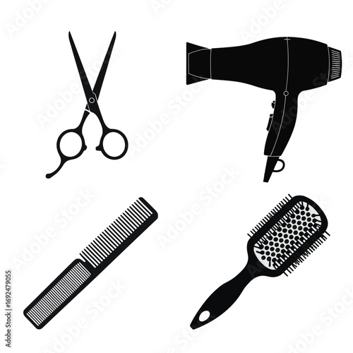 Minimalist black silhouettes of hair styling tools scissors comb dryer brush collection silhouette vector illustration white background