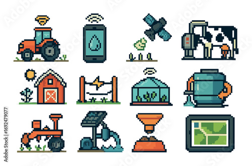 Agriculture technology pixel icon set. featuring tractor, smartphone, satellite, barn, drone, and greenhouse symbols.