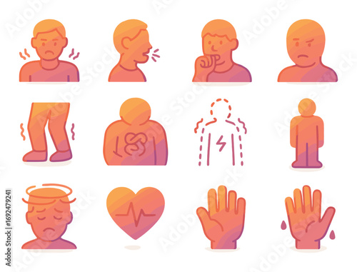 Health symptoms flat icon set. featuring fever, cough, pain, nausea, chills, dizziness, palpitation, sweat.