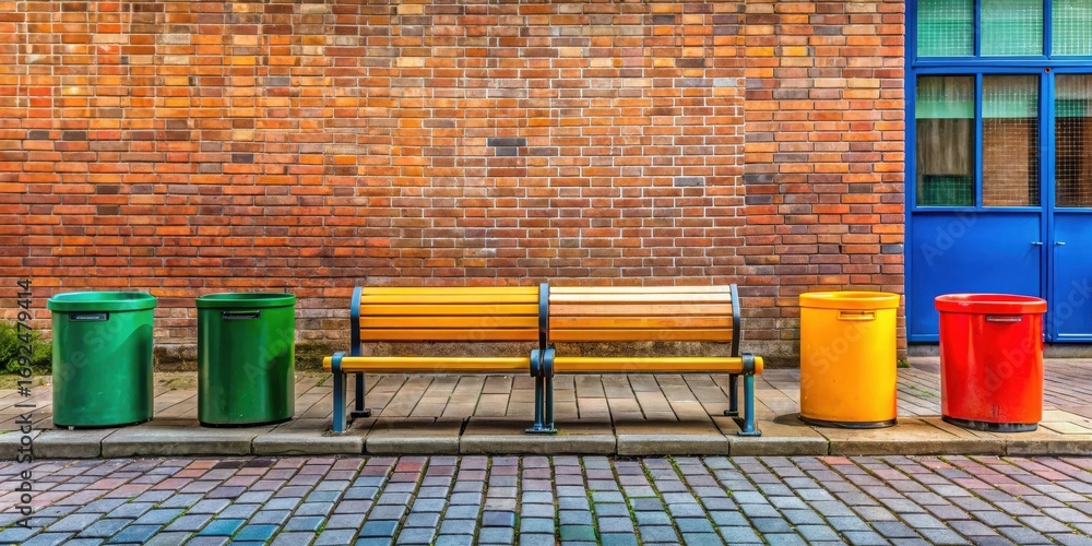 Naklejka premium Vibrant park bench scene with colorful receptacles against a brick wall backdrop