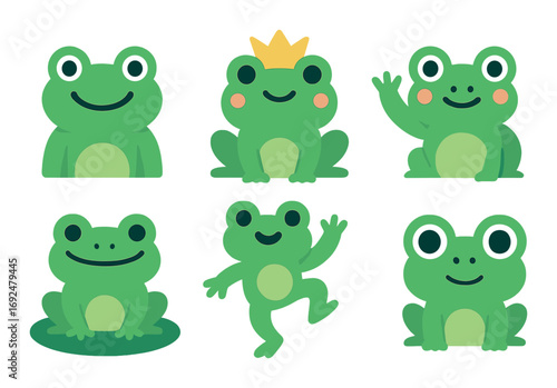 Frog silhouette icon set. featuring happy, crowned, waving, sitting, dancing, and smiling frogs.