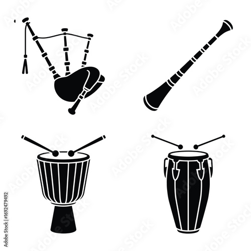 Musical instrument silhouettes set bagpipes clarinet djembe conga drums collection silhouette vector illustration white background