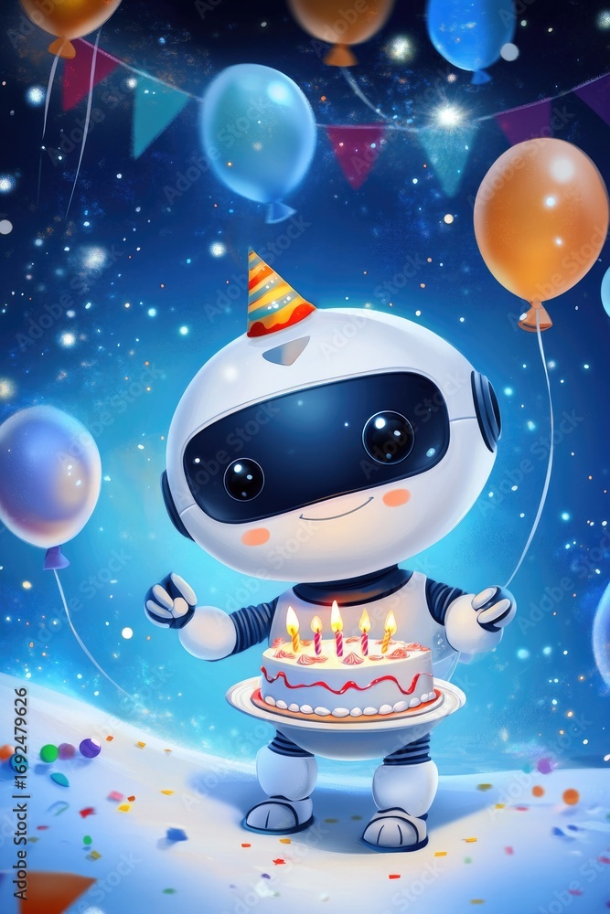 Naklejka premium Cheerful robot holding birthday cake with colorful balloons and confetti on blue background
