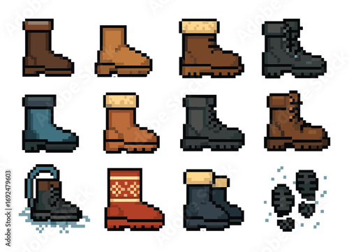 Footwear silhouette icon set. featuring hiking boot, winter boot, rain boot, army boot, and snow shoe symbols.