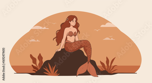 Mermaid sits on rock