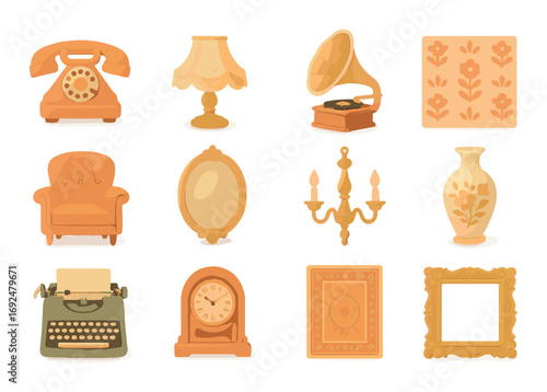 Vintage home decor flat icon set. featuring telephone, lamp, gramophone, mirror, vase, and typewriter.