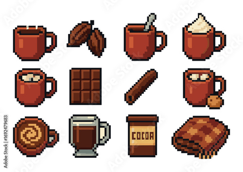 Hot drinks pixel art icon set. featuring coffee, cocoa, chocolate, cinnamon, marshmallows, foam, and mug symbols.