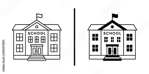 School Building Icon: A simplistic outline of a classic school building, perfect for educational or architectural illustrations. Capturing educational institution's shape and essence.