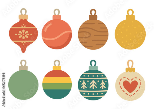 Christmas ornaments silhouette icon set. featuring bauble, heart, snowflake, and tree decorations.