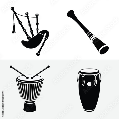 Four distinct musical instruments silhouettes for diverse audio projects silhouette vector illustration white background