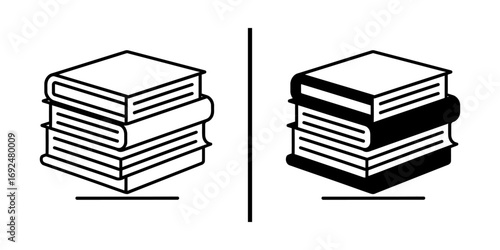 Books Illustration: Minimalistic illustration of two stacks of books, one in a classic outline and the other in a bold silhouette, evoking a sense of knowledge and contrast.