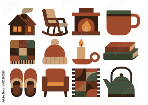 Cozy home flat icon set. featuring fireplace, armchair, teapot, candle, and blanket symbols.