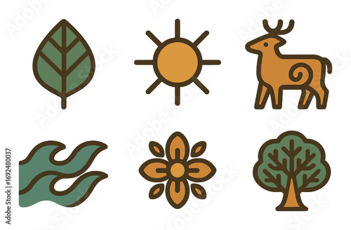 Nature silhouette icon set. featuring leaf, sun, deer, waves, flower, and tree symbols.