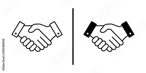 Deal Seal: A stark, minimalist graphic of two hands clasped in a firm handshake, split down the center with a vertical line emphasizing the agreement and the partnership.