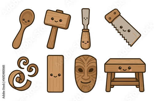 Woodworking smiley flat icon set. featuring spoon, mallet, chisel, saw, shavings, plank, mask, and bench symbols.