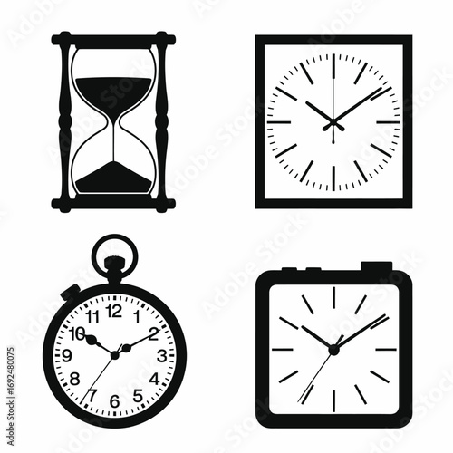 Assorted timepieces hourglass pocket clock square alarm clock and wall clock faces symbols silhouette vector illustration white background