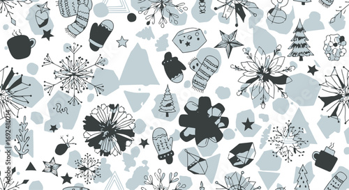 Festive winter holiday pattern with snowflakes, trees, mittens and cozy elements, hand-drawn