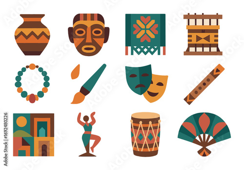 Cultural elements flat icon set. featuring vase, mask, tapestry, drum, palette, theater, bracelet, flute, fan, dancer.
