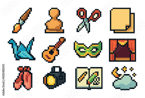 Art and craft pixel icon set. featuring brush, scissors, paper, origami, guitar, mask, stage, ballet, camera, sketchbook, cloud.