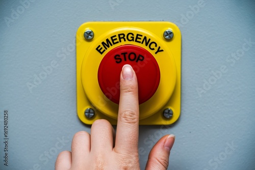 Hand pressing bright red emergency stop button for safety