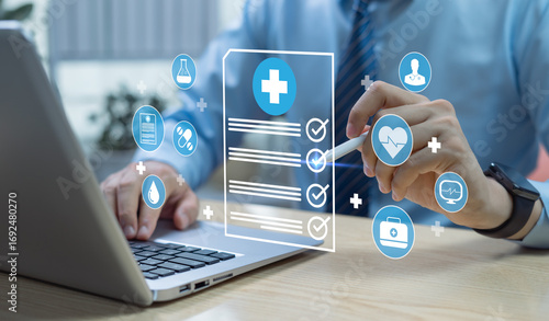 Doctor using virtual screen for medical document verification, connected to healthcare network with digital technology concept, showcasing modern medical innovation and efficient healthcare solutions