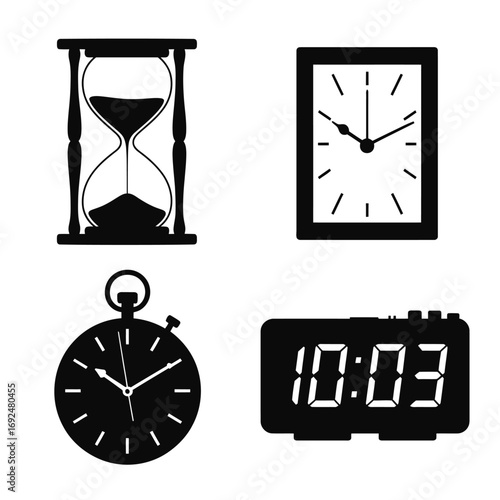 Minimalist silhouette icons representing time hourglass clock pocket watch and digital alarm silhouette vector illustration white background