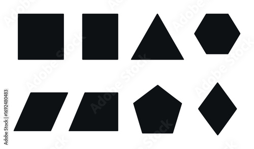 Geometric shapes silhouette icon set. featuring square, rectangle, triangle, hexagon, parallelogram, pentagon, diamond..