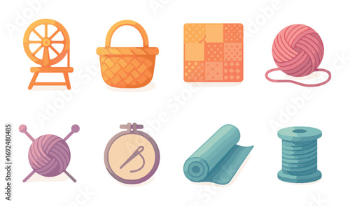Craft tools flat icon set. featuring spinning wheel, basket, quilt, yarn ball, knitting, embroidery, fabric roll, spool..