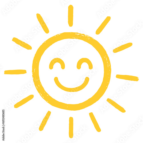 Hand drawn smiling sun icon with radiant rays symbolizing joy, warmth and positivity